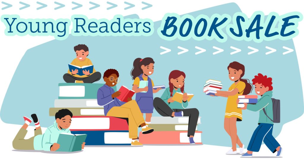 Young Readers Book Sale: illustration of a group of children reading and carrying books.